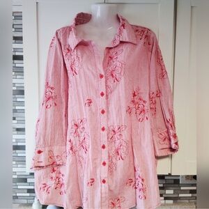 Floral Embroidered 3/4 Sleeve Button Down Shirt by LemonGrass
